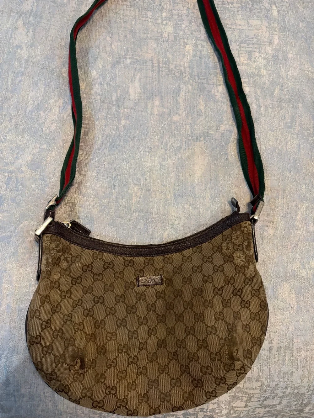 Gucci Brown Monogram Canvas Crescent Shoulder Bag with Green-Red Web Strap